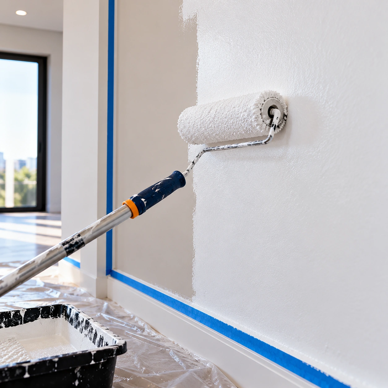 Pintura fresca sendo aplicada em parede residencial com rolo