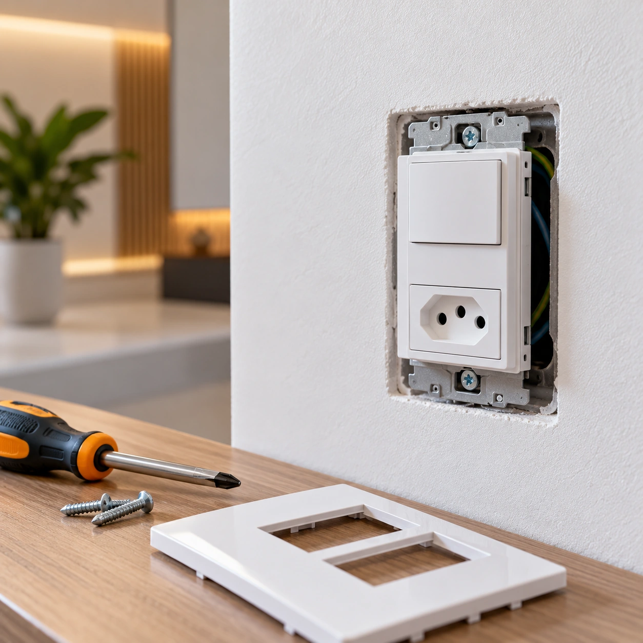 Interruptor e tomada residencial em etapa de instalação e acabamento
